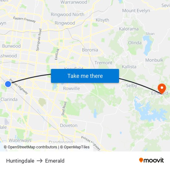 Huntingdale to Emerald map