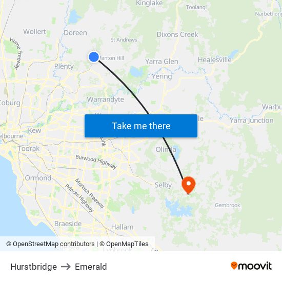 Hurstbridge to Emerald map