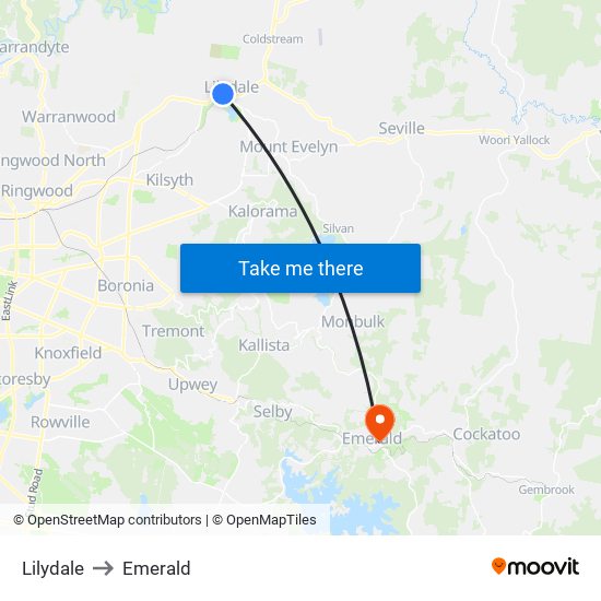 Lilydale to Emerald map