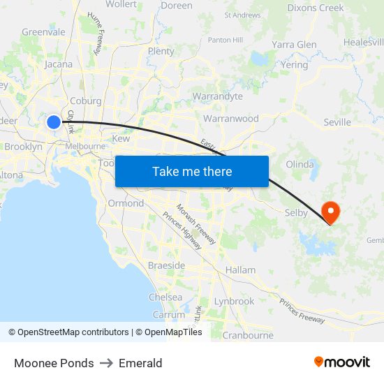 Moonee Ponds to Emerald map