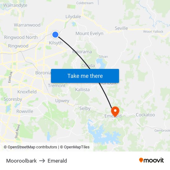 Mooroolbark to Emerald map