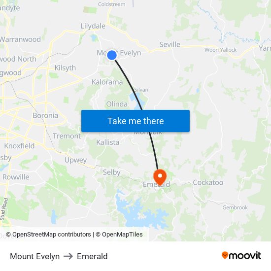 Mount Evelyn to Emerald map