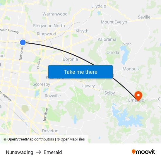 Nunawading to Emerald map