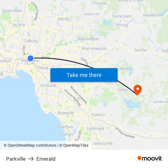 Parkville to Emerald map