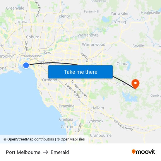 Port Melbourne to Emerald map