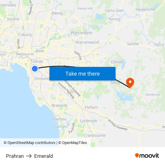 Prahran to Emerald map