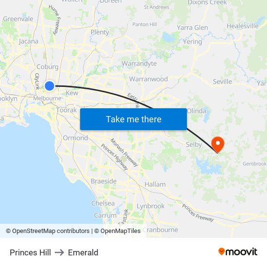 Princes Hill to Emerald map