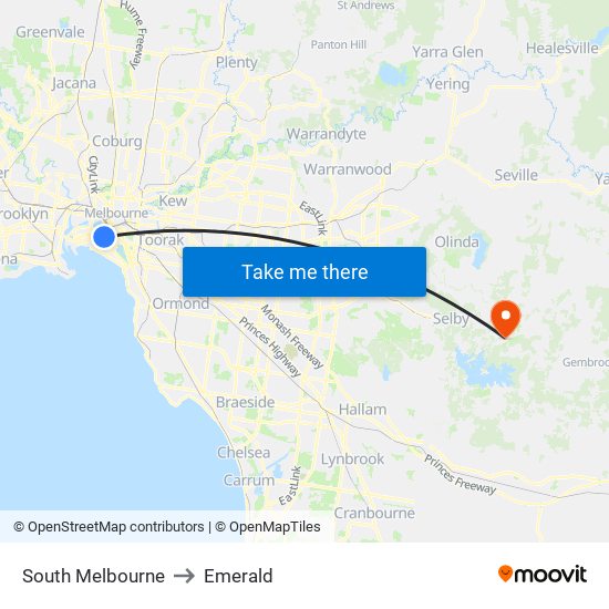 South Melbourne to Emerald map