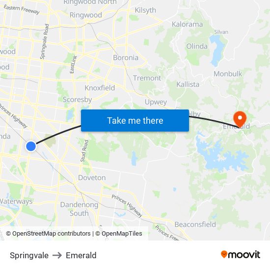 Springvale to Emerald map