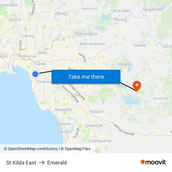St Kilda East to Emerald map