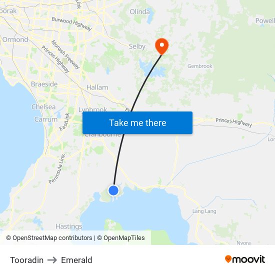 Tooradin to Emerald map