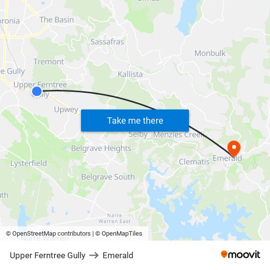 Upper Ferntree Gully to Emerald map