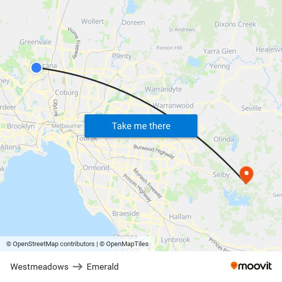 Westmeadows to Emerald map