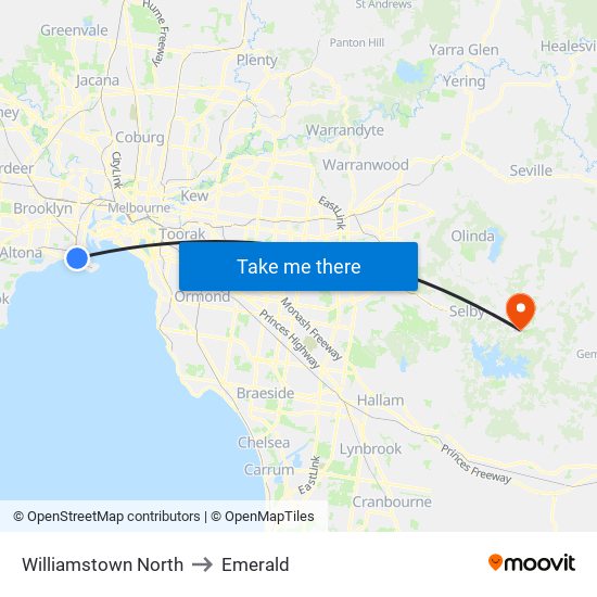 Williamstown North to Emerald map