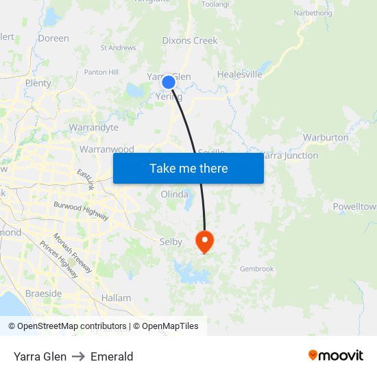 Yarra Glen to Emerald map