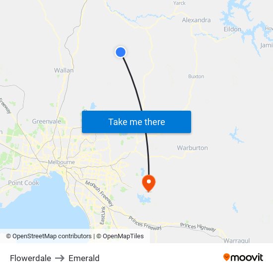 Flowerdale to Emerald map