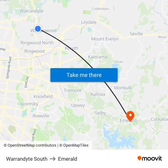 Warrandyte South to Emerald map