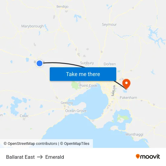 Ballarat East to Emerald map