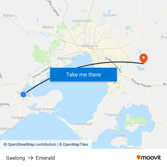Geelong to Emerald map