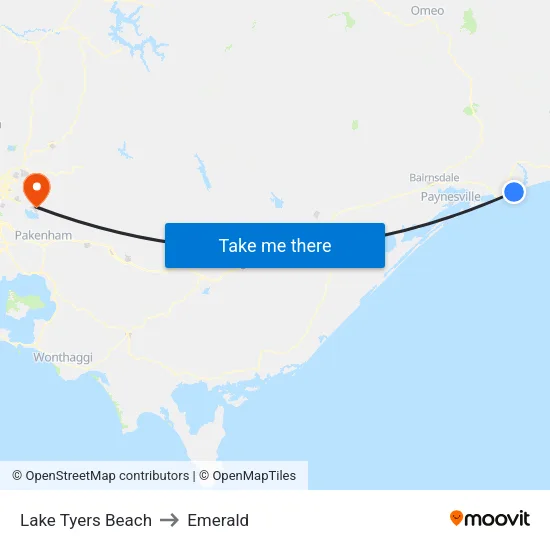 Lake Tyers Beach to Emerald map