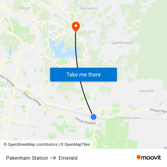 Pakenham Station to Emerald map