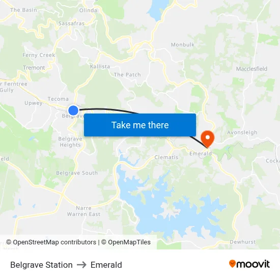 Belgrave Station to Emerald map