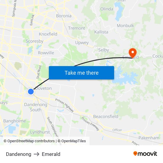 Dandenong to Emerald map