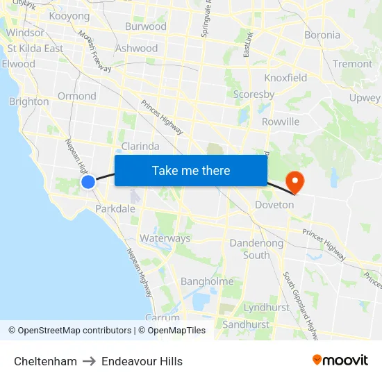 Cheltenham to Endeavour Hills map