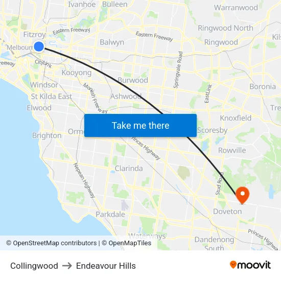 Collingwood to Endeavour Hills map