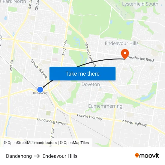 Dandenong to Endeavour Hills map