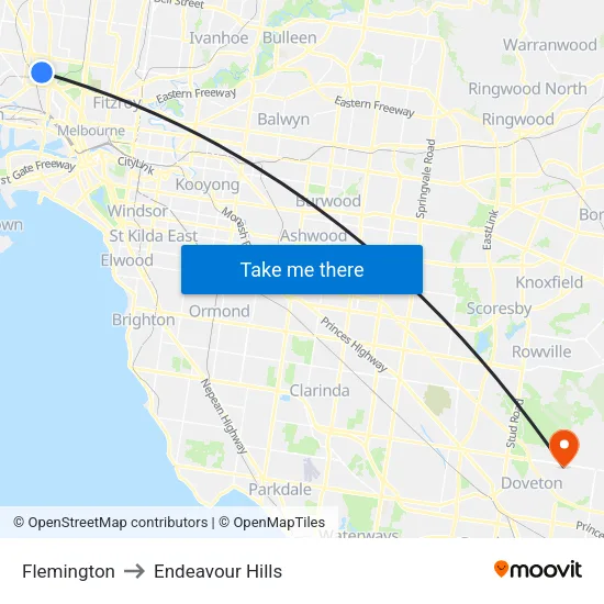 Flemington to Endeavour Hills map