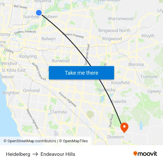 Heidelberg to Endeavour Hills map