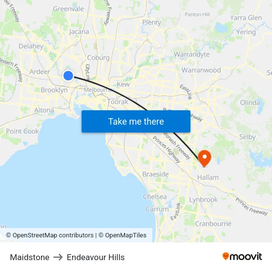 Maidstone to Endeavour Hills map