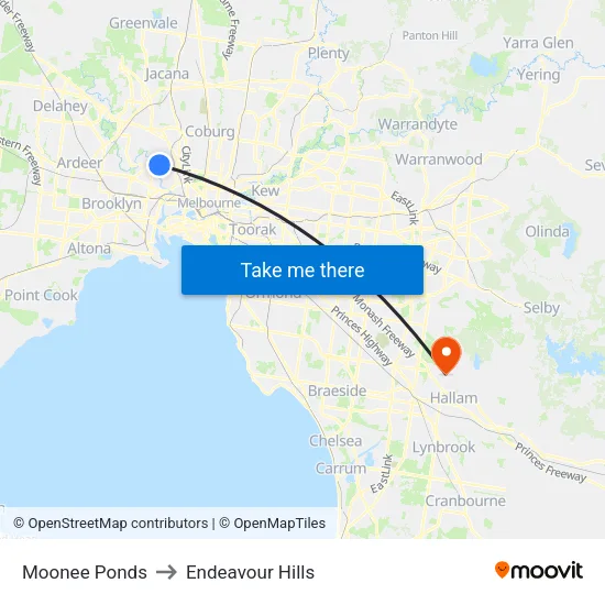 Moonee Ponds to Endeavour Hills map