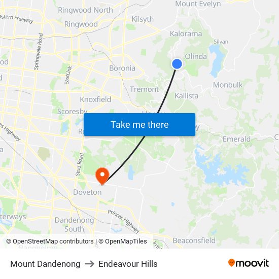 Mount Dandenong to Endeavour Hills map