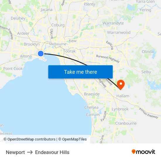 Newport to Endeavour Hills map