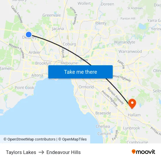 Taylors Lakes to Endeavour Hills map