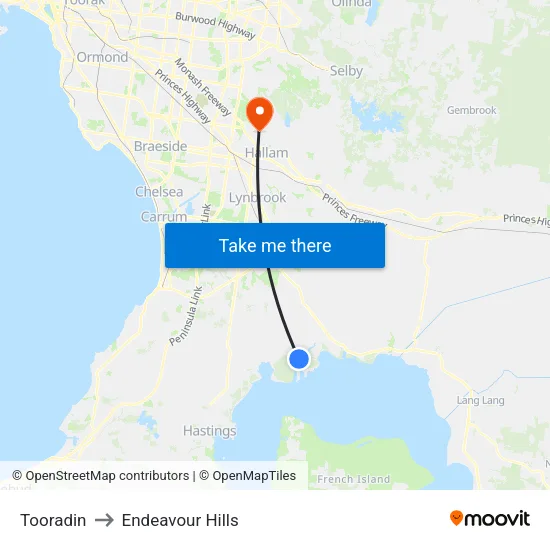 Tooradin to Endeavour Hills map