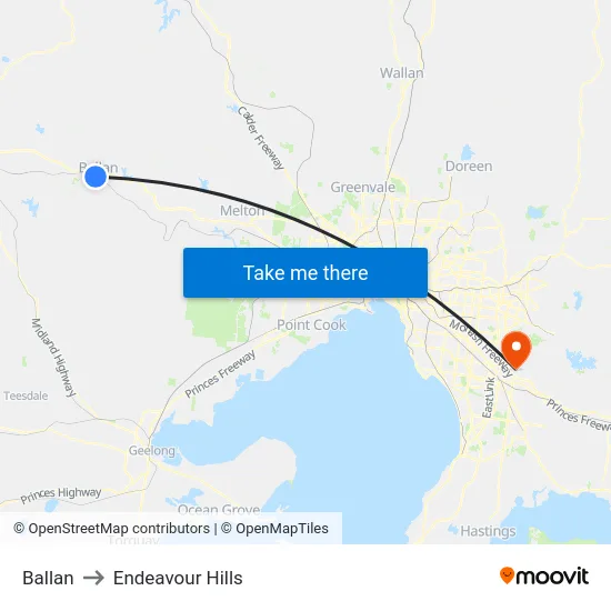 Ballan to Endeavour Hills map
