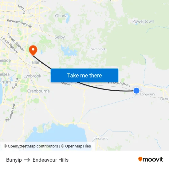 Bunyip to Endeavour Hills map