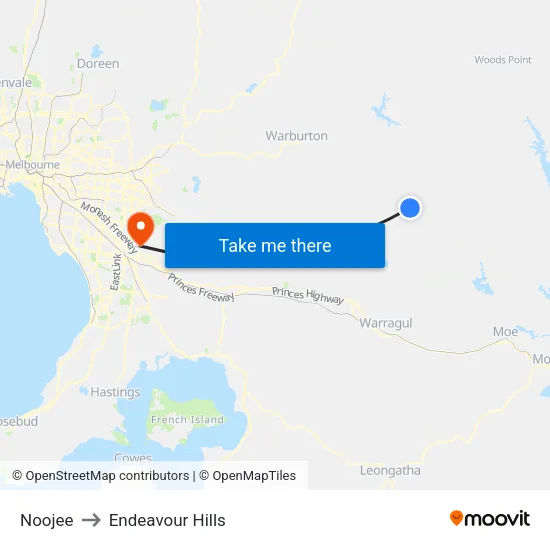 Noojee to Endeavour Hills map