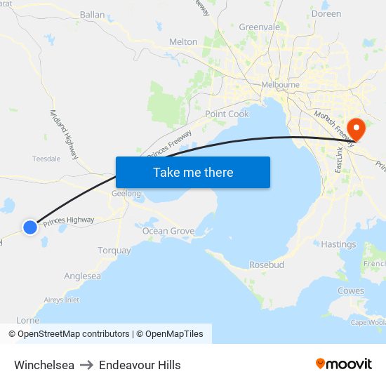 Winchelsea to Endeavour Hills map