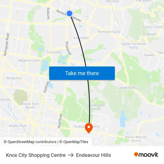 Knox City Shopping Centre to Endeavour Hills map