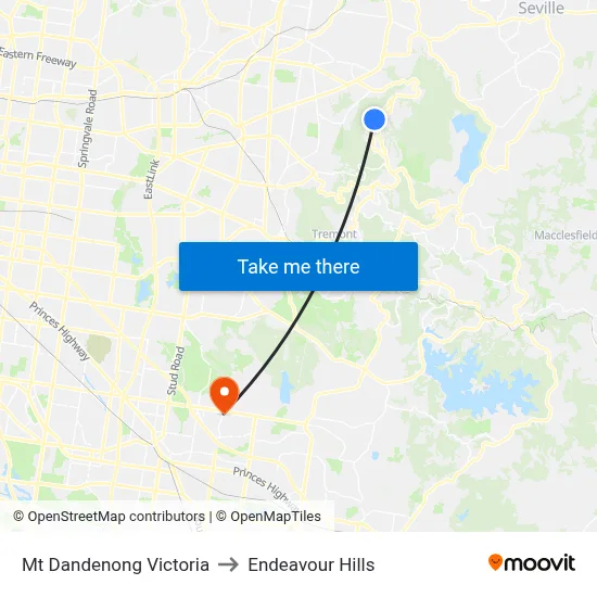 Mt Dandenong Victoria to Endeavour Hills map