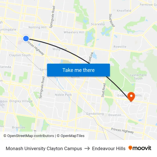 Monash University Clayton Campus to Endeavour Hills map