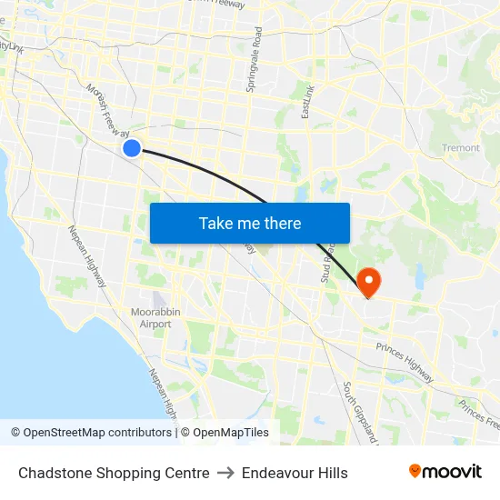Chadstone Shopping Centre to Endeavour Hills map