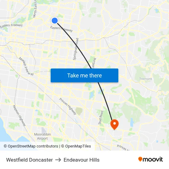 Westfield Doncaster to Endeavour Hills map
