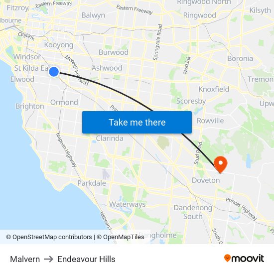 Malvern to Endeavour Hills map