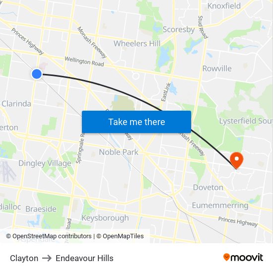 Clayton to Endeavour Hills map