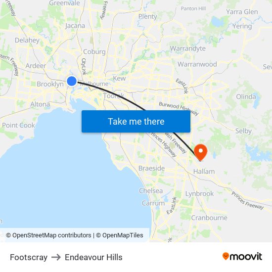 Footscray to Endeavour Hills map